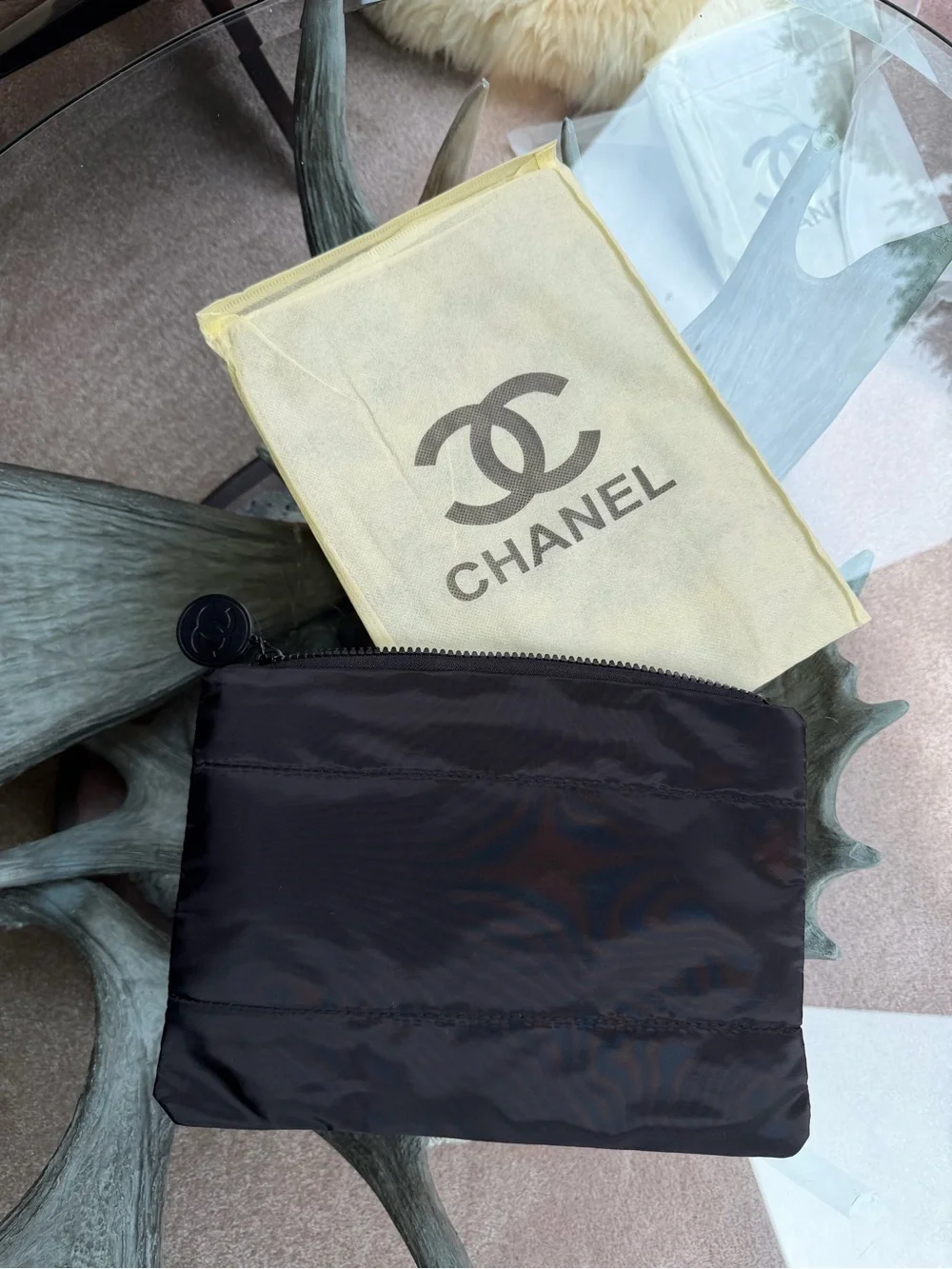 Chanel Black Nylon Logo Gift with Purchase Makeup Jewelry Zip Pouch Bag CC Tag